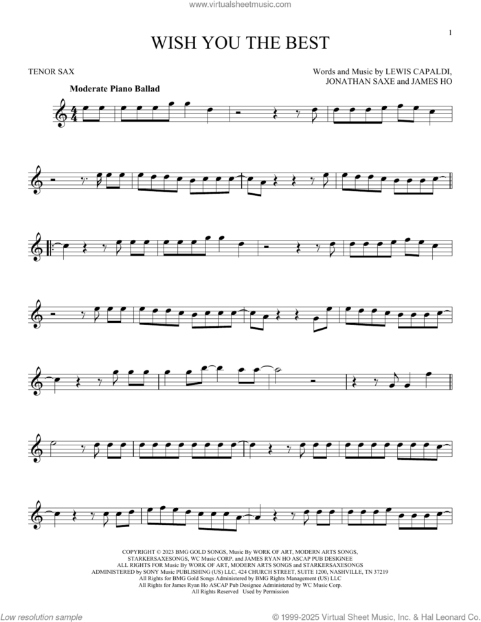 Wish You The Best sheet music for tenor saxophone solo by Lewis Capaldi, James Ho and Jonathan Saxe, intermediate skill level