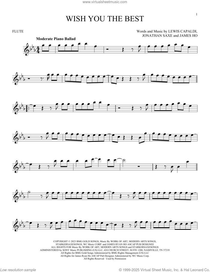Wish You The Best sheet music for flute solo by Lewis Capaldi, James Ho and Jonathan Saxe, intermediate skill level