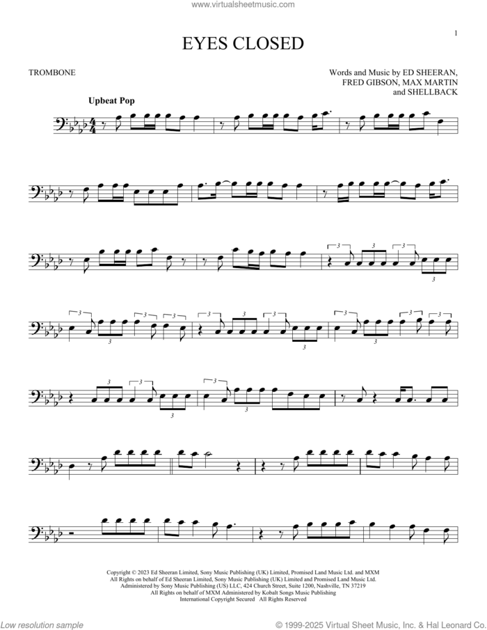 Eyes Closed sheet music for trombone solo by Ed Sheeran, Fred Gibson, Max Martin and Shellback, intermediate skill level