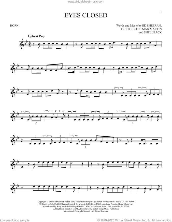 Eyes Closed sheet music for horn solo by Ed Sheeran, Fred Gibson, Max Martin and Shellback, intermediate skill level