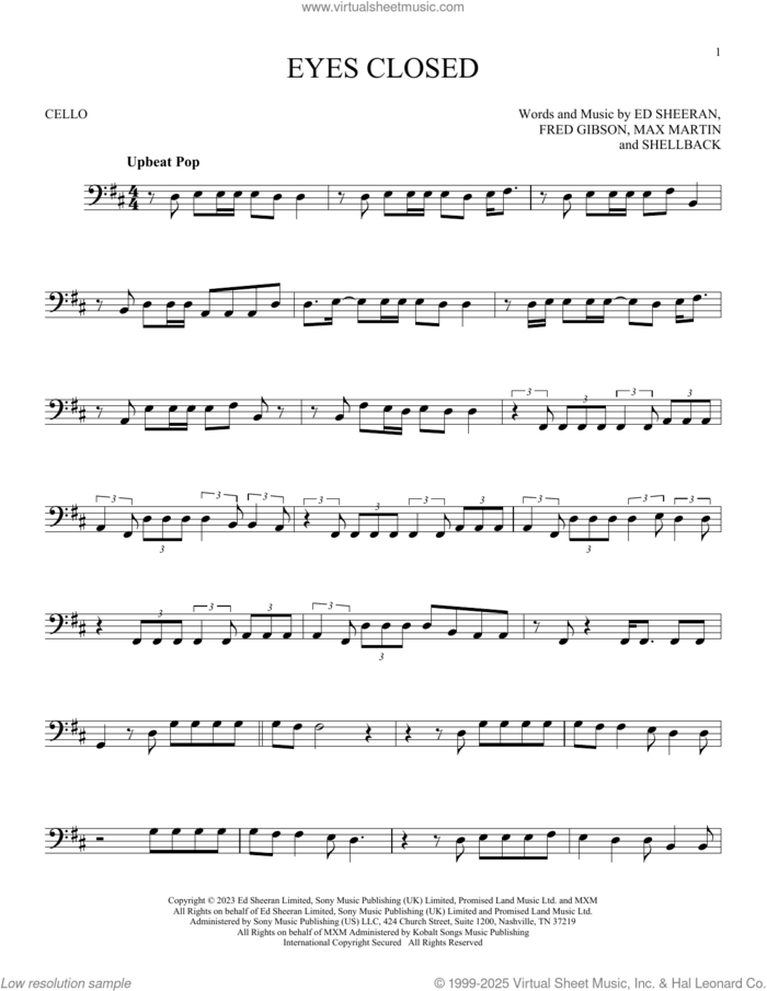 Eyes Closed sheet music for cello solo by Ed Sheeran, Fred Gibson, Max Martin and Shellback, intermediate skill level