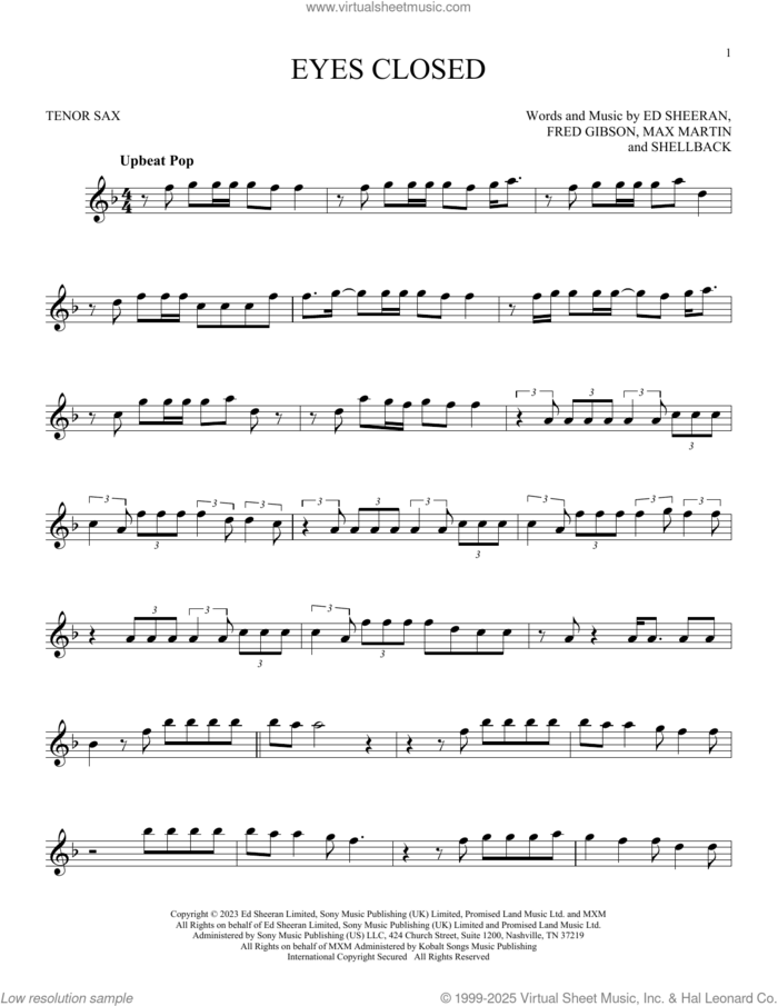 Eyes Closed sheet music for tenor saxophone solo by Ed Sheeran, Fred Gibson, Max Martin and Shellback, intermediate skill level