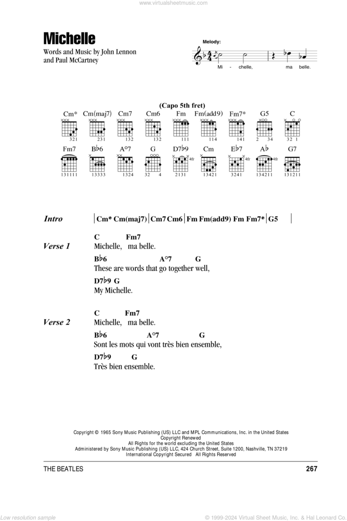 Michelle sheet music for guitar (chords) by The Beatles, John Lennon and Paul McCartney, intermediate skill level