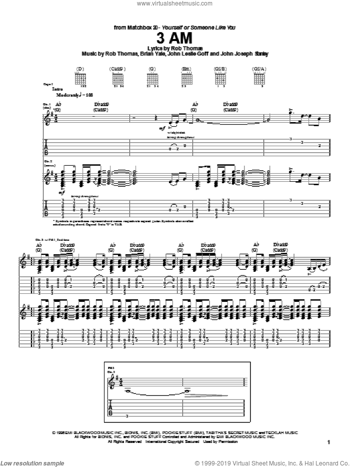 3 AM sheet music for guitar (tablature) by Matchbox Twenty, Matchbox 20, Brian Yale, Jay Stanley, John Goff and Rob Thomas, intermediate skill level