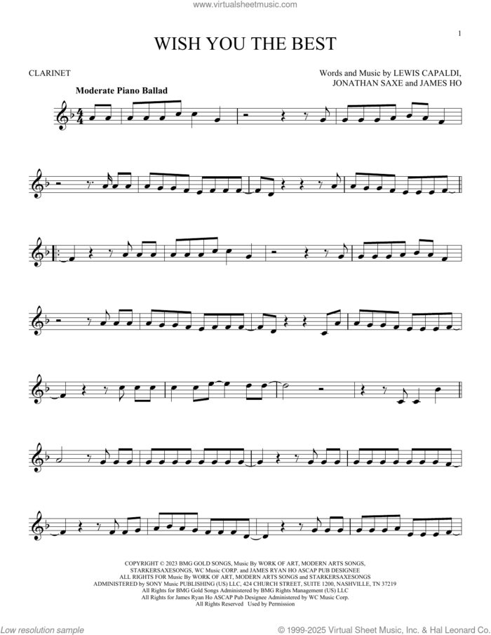 Wish You The Best sheet music for clarinet solo by Lewis Capaldi, James Ho and Jonathan Saxe, intermediate skill level