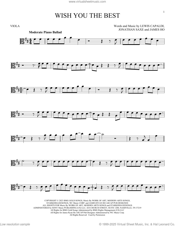 Wish You The Best sheet music for viola solo by Lewis Capaldi, James Ho and Jonathan Saxe, intermediate skill level