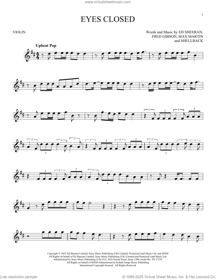 Eyes Closed sheet music for violin solo by Ed Sheeran, Fred Gibson, Max Martin and Shellback, intermediate skill level