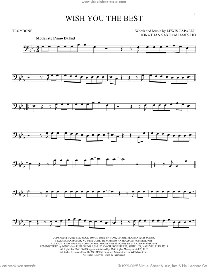 Wish You The Best sheet music for trombone solo by Lewis Capaldi, James Ho and Jonathan Saxe, intermediate skill level