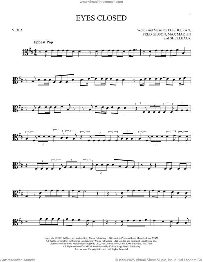 Eyes Closed sheet music for viola solo by Ed Sheeran, Fred Gibson, Max Martin and Shellback, intermediate skill level