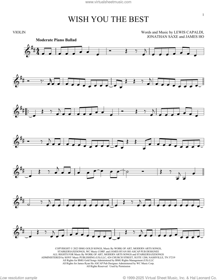 Wish You The Best sheet music for violin solo by Lewis Capaldi, James Ho and Jonathan Saxe, intermediate skill level