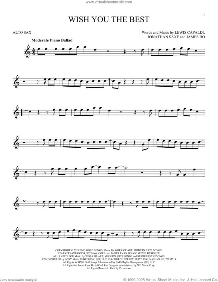 Wish You The Best sheet music for alto saxophone solo by Lewis Capaldi, James Ho and Jonathan Saxe, intermediate skill level