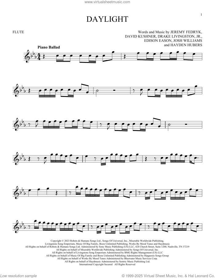Daylight sheet music for flute solo by David Kushner, Drake Livingston, Jr., Edison Eason, Hayden Hubers, Jeremy Fedryk and Josh Bruce Williams, intermediate skill level