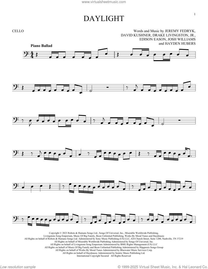Daylight sheet music for cello solo by David Kushner, Drake Livingston, Jr., Edison Eason, Hayden Hubers, Jeremy Fedryk and Josh Bruce Williams, intermediate skill level