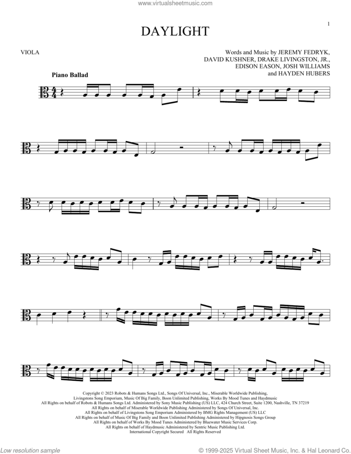 Daylight sheet music for viola solo by David Kushner, Drake Livingston, Jr., Edison Eason, Hayden Hubers, Jeremy Fedryk and Josh Bruce Williams, intermediate skill level