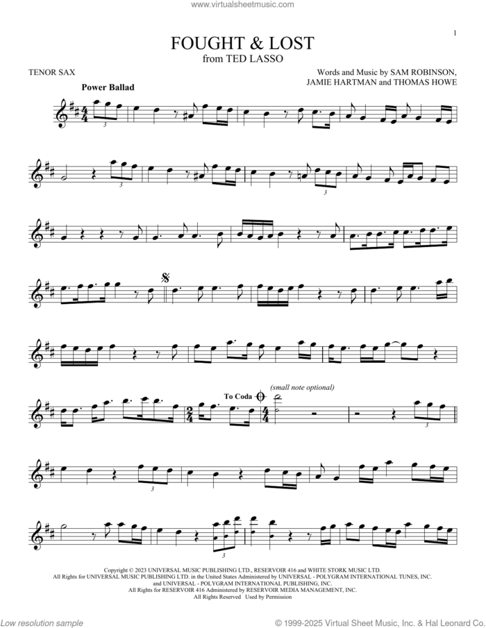 Fought and Lost (feat. Brian May) sheet music for tenor saxophone solo by Sam Ryder, Jamie Hartman, Sam Robinson and Thomas Howe, intermediate skill level