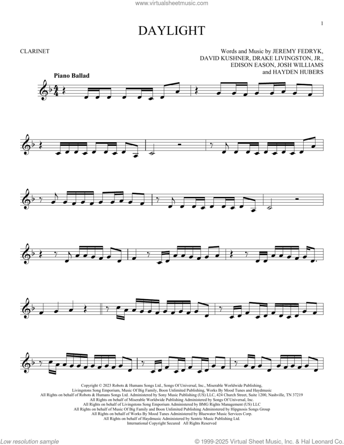 Daylight sheet music for clarinet solo by David Kushner, Drake Livingston, Jr., Edison Eason, Hayden Hubers, Jeremy Fedryk and Josh Bruce Williams, intermediate skill level