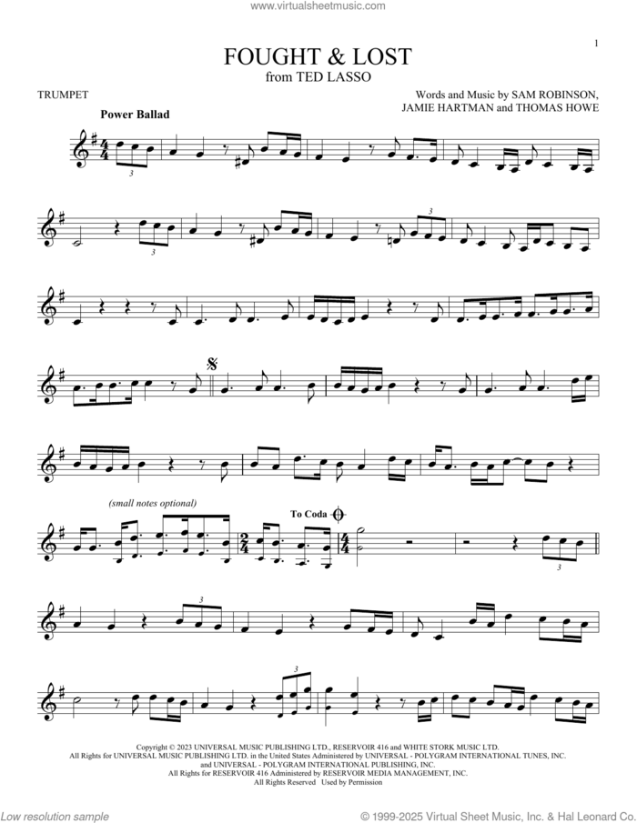 Fought and Lost (feat. Brian May) sheet music for trumpet solo by Sam Ryder, Jamie Hartman, Sam Robinson and Thomas Howe, intermediate skill level