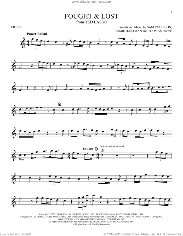 Fought and Lost (feat. Brian May) sheet music for violin solo by Sam Ryder, Jamie Hartman, Sam Robinson and Thomas Howe, intermediate skill level