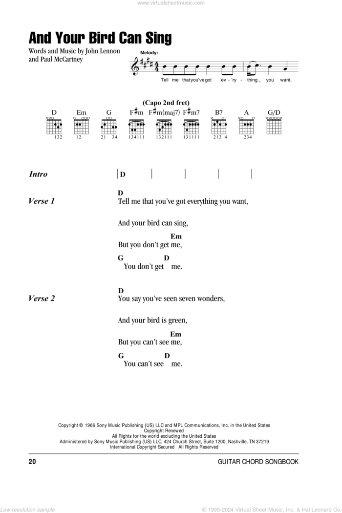 And Your Bird Can Sing sheet music for guitar (chords) by The Beatles, John Lennon and Paul McCartney, intermediate skill level