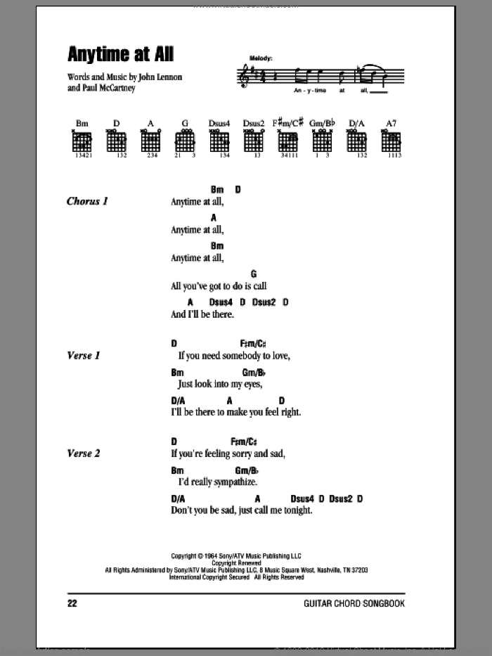 Anytime At All sheet music for guitar (chords) by The Beatles, John Lennon and Paul McCartney, intermediate skill level