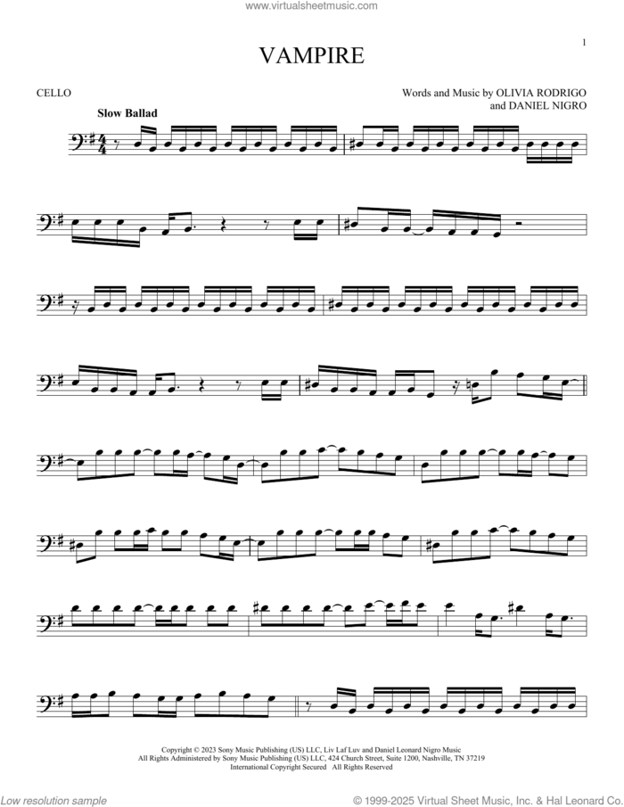 vampire sheet music for cello solo by Olivia Rodrigo and Daniel Nigro, intermediate skill level