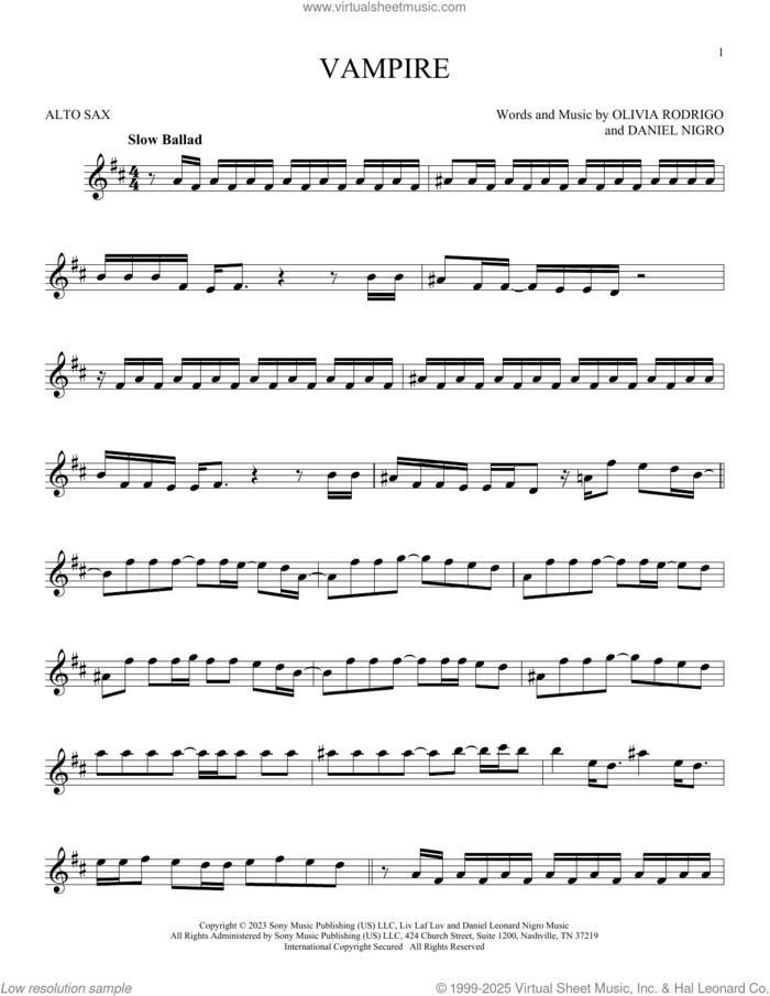 vampire sheet music for alto saxophone solo by Olivia Rodrigo and Daniel Nigro, intermediate skill level