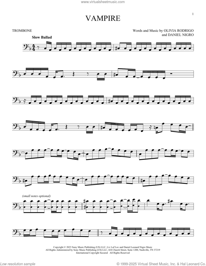 vampire sheet music for trombone solo by Olivia Rodrigo and Daniel Nigro, intermediate skill level