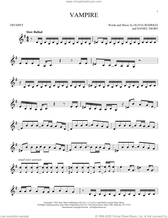 vampire sheet music for trumpet solo by Olivia Rodrigo and Daniel Nigro, intermediate skill level