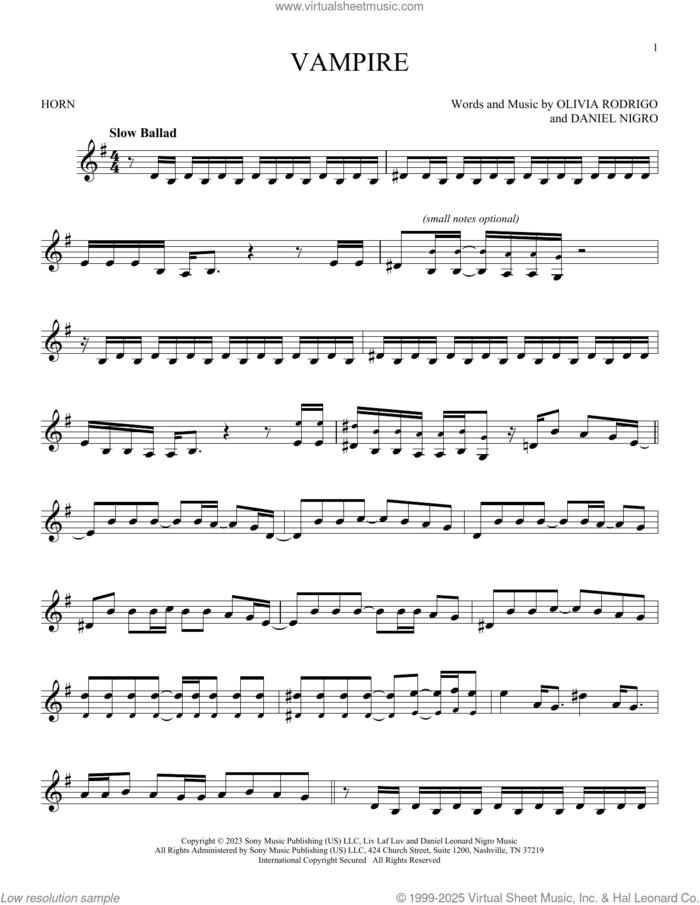 vampire sheet music for horn solo by Olivia Rodrigo and Daniel Nigro, intermediate skill level