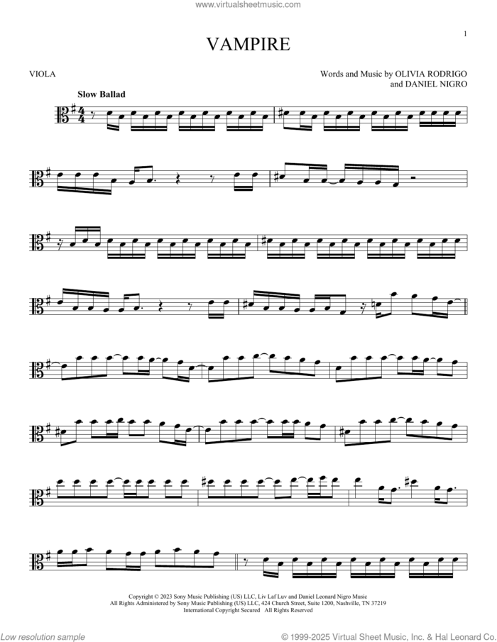 vampire sheet music for viola solo by Olivia Rodrigo and Daniel Nigro, intermediate skill level