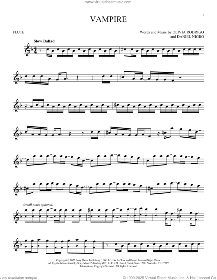 vampire sheet music for flute solo by Olivia Rodrigo and Daniel Nigro, intermediate skill level