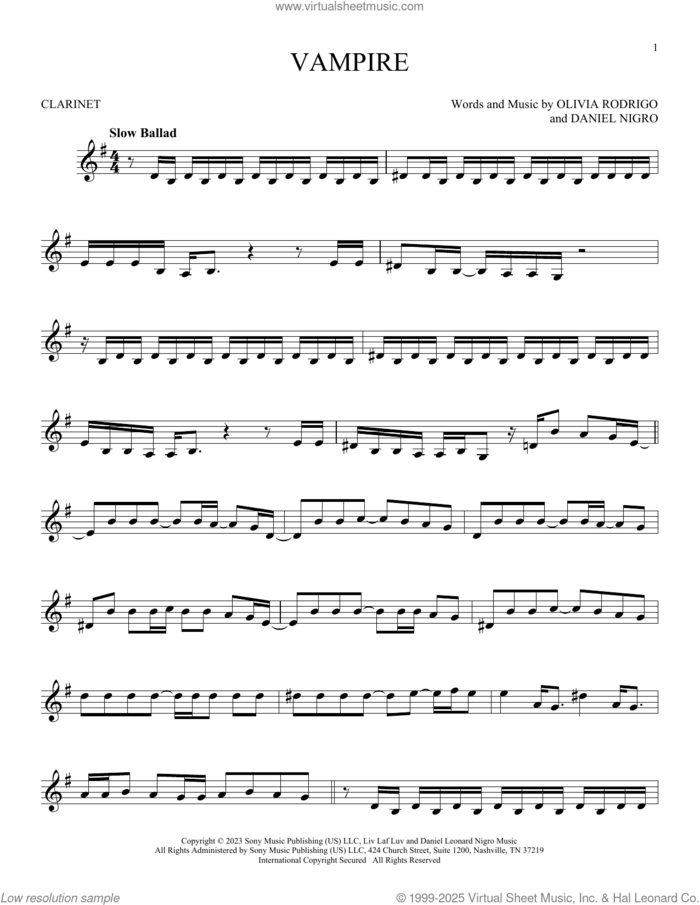 vampire sheet music for clarinet solo by Olivia Rodrigo and Daniel Nigro, intermediate skill level