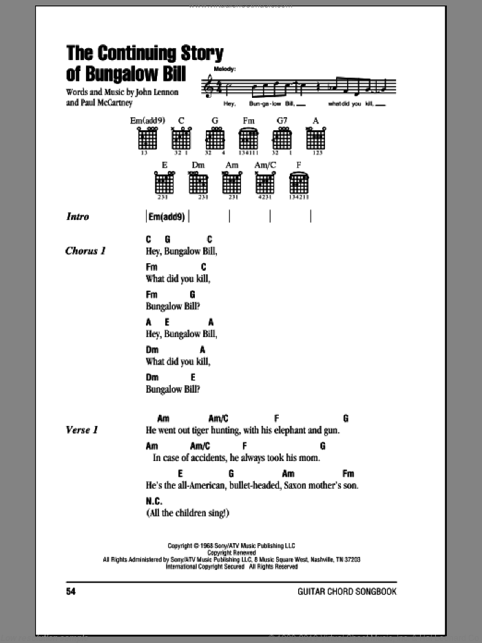 The Continuing Story Of Bungalow Bill sheet music for guitar (chords) by The Beatles, John Lennon and Paul McCartney, intermediate skill level