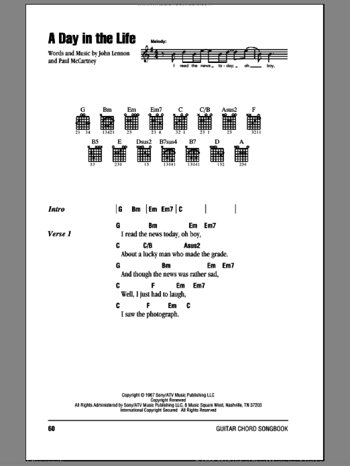 A Day In The Life sheet music for guitar (chords) by The Beatles, John Lennon and Paul McCartney, intermediate skill level