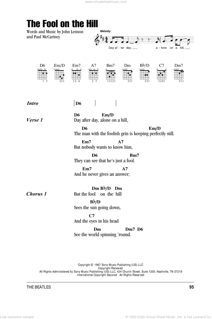 The Fool On The Hill sheet music for guitar (chords) by The Beatles, John Lennon and Paul McCartney, intermediate skill level