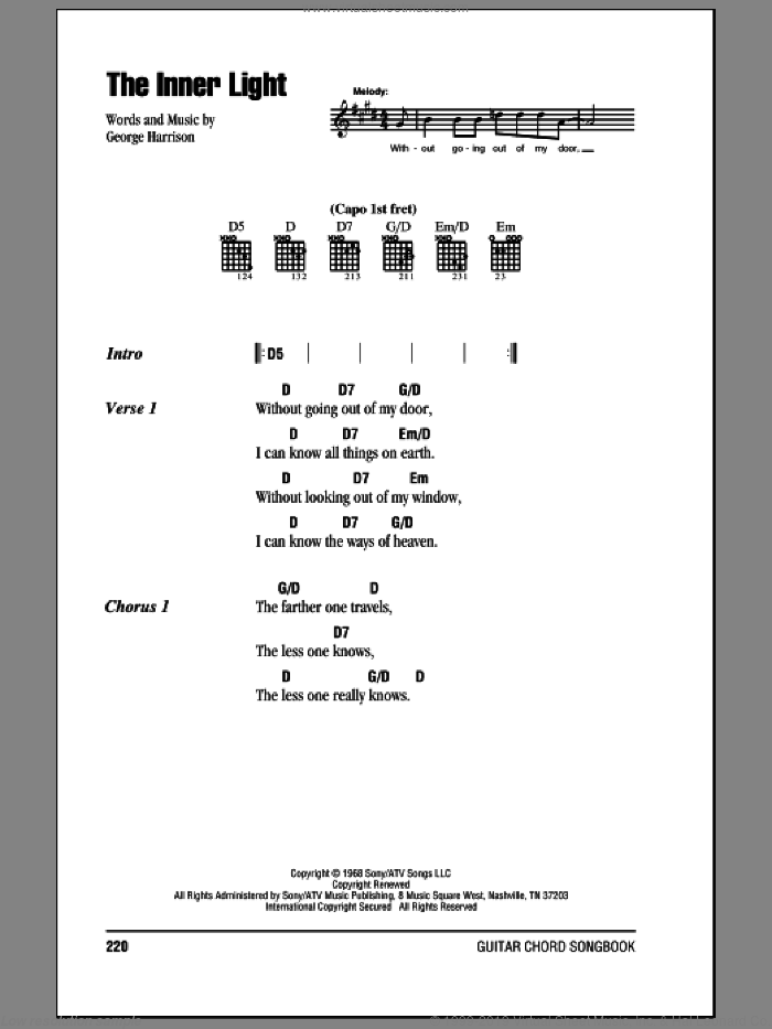 The Inner Light sheet music for guitar (chords) by The Beatles and George Harrison, intermediate skill level