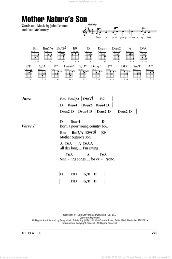 Mother Nature's Son sheet music for guitar (chords) by The Beatles, John Lennon and Paul McCartney, intermediate skill level