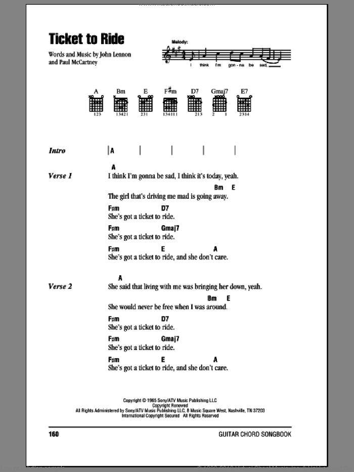 Ticket To Ride sheet music for guitar (chords) by The Beatles, John Lennon and Paul McCartney, intermediate skill level