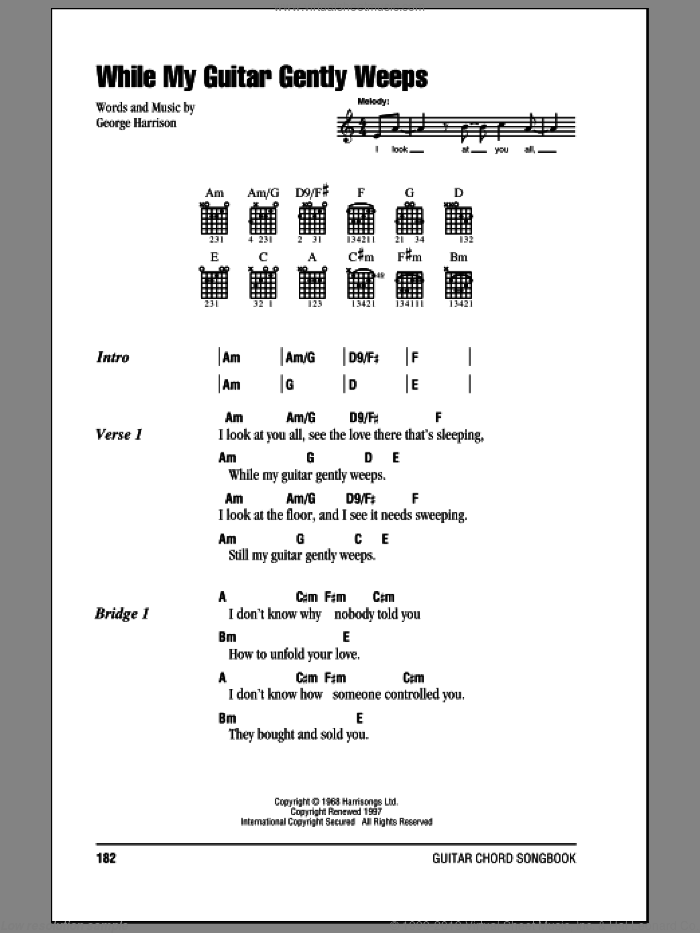 While My Guitar Gently Weeps sheet music for guitar (chords) by The Beatles and George Harrison, intermediate skill level