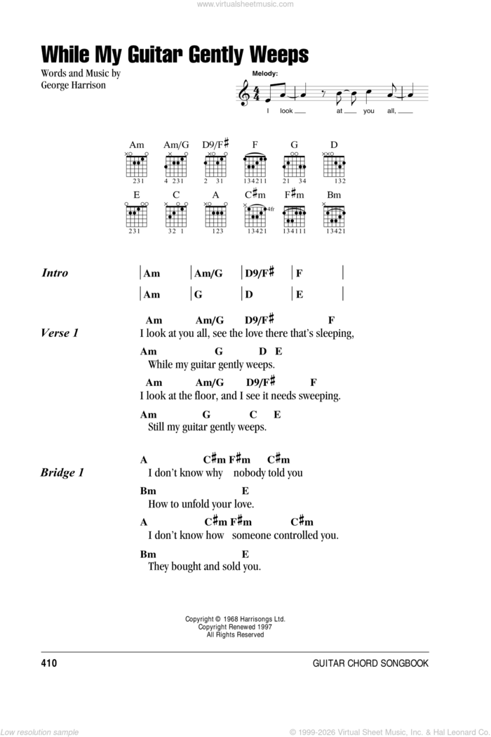 While My Guitar Gently Weeps sheet music for guitar (chords) by The Beatles and George Harrison, intermediate skill level