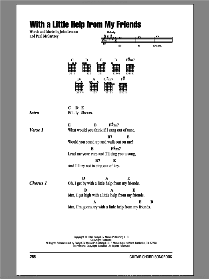 With A Little Help From My Friends sheet music for guitar (chords) by The Beatles, Joe Cocker, John Lennon and Paul McCartney, intermediate skill level
