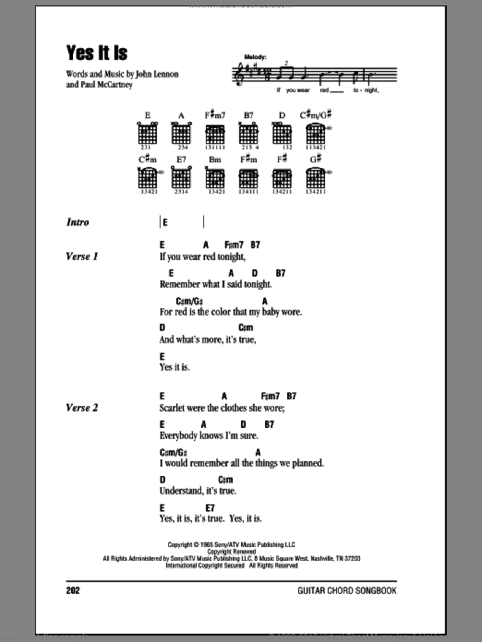 Yes It Is sheet music for guitar (chords) by The Beatles, John Lennon and Paul McCartney, intermediate skill level