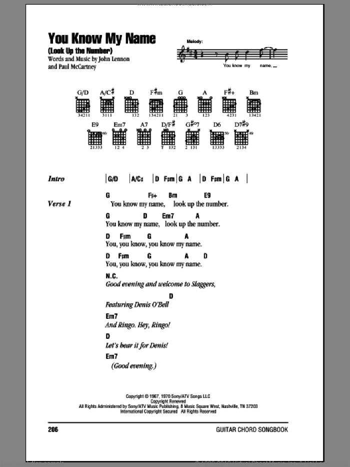 You Know My Name (Look Up The Number) sheet music for guitar (chords) by The Beatles, John Lennon and Paul McCartney, intermediate skill level