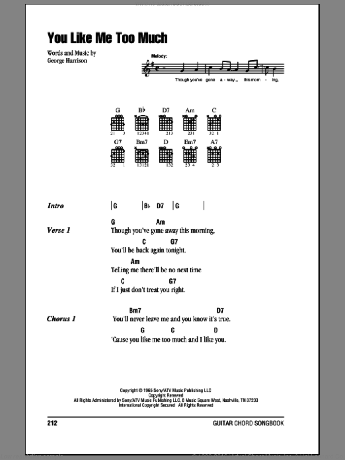 You Like Me Too Much sheet music for guitar (chords) by The Beatles and George Harrison, intermediate skill level
