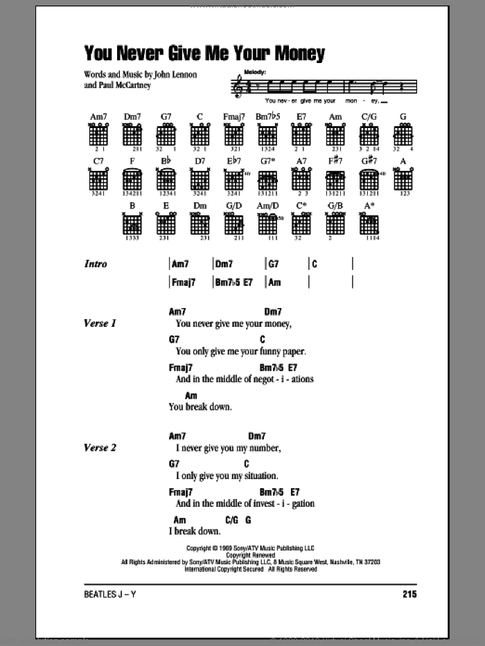You Never Give Me Your Money sheet music for guitar (chords) by The Beatles, John Lennon and Paul McCartney, intermediate skill level