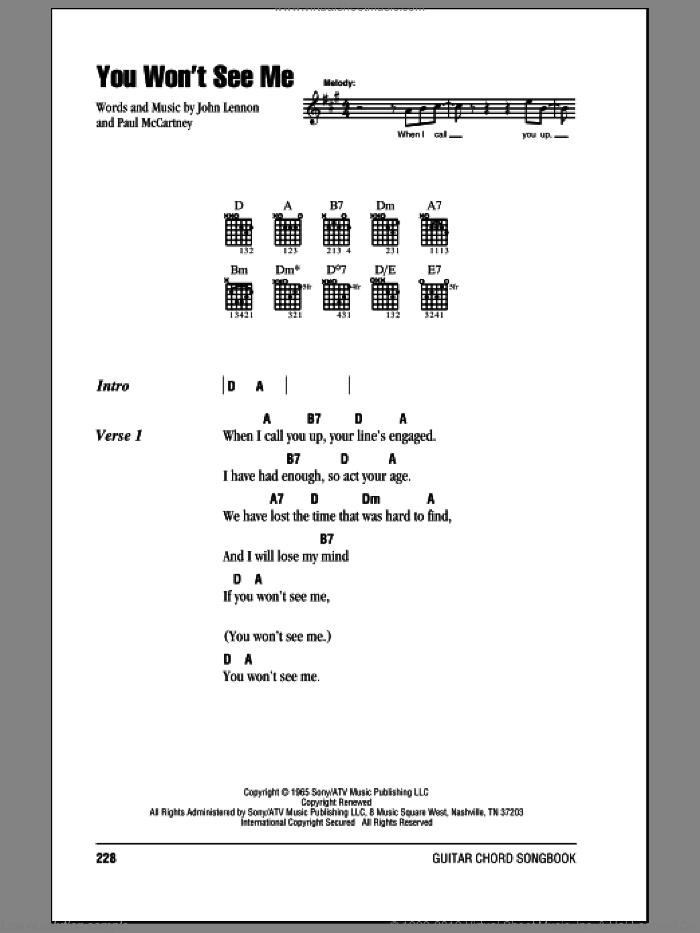 You Won't See Me sheet music for guitar (chords) by The Beatles, John Lennon and Paul McCartney, intermediate skill level