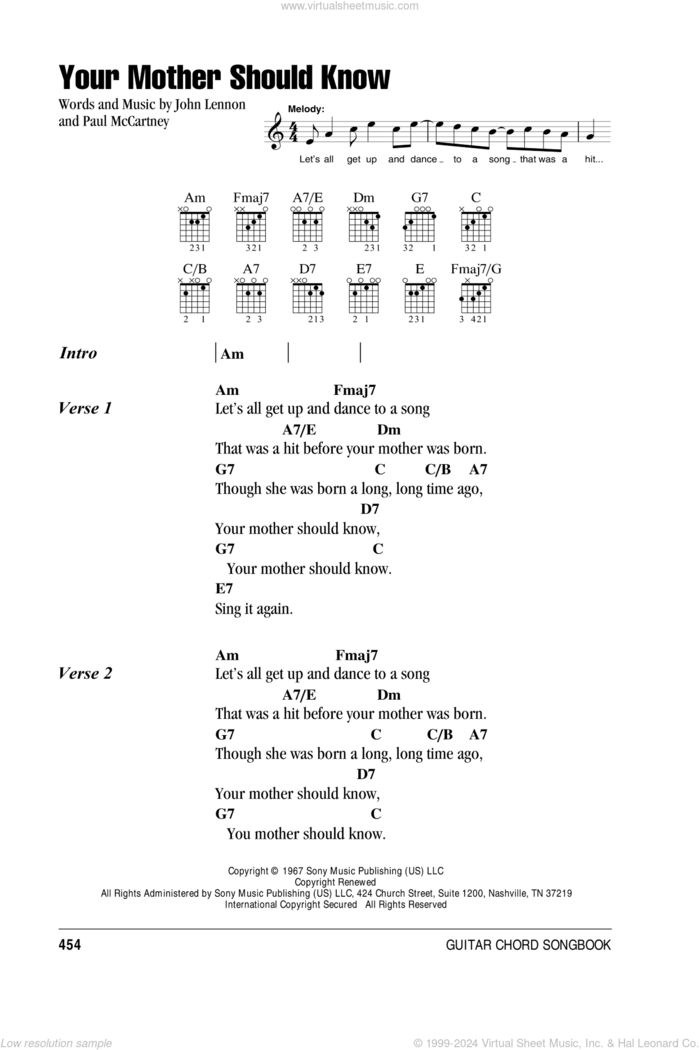 Your Mother Should Know sheet music for guitar (chords) by The Beatles, John Lennon and Paul McCartney, intermediate skill level