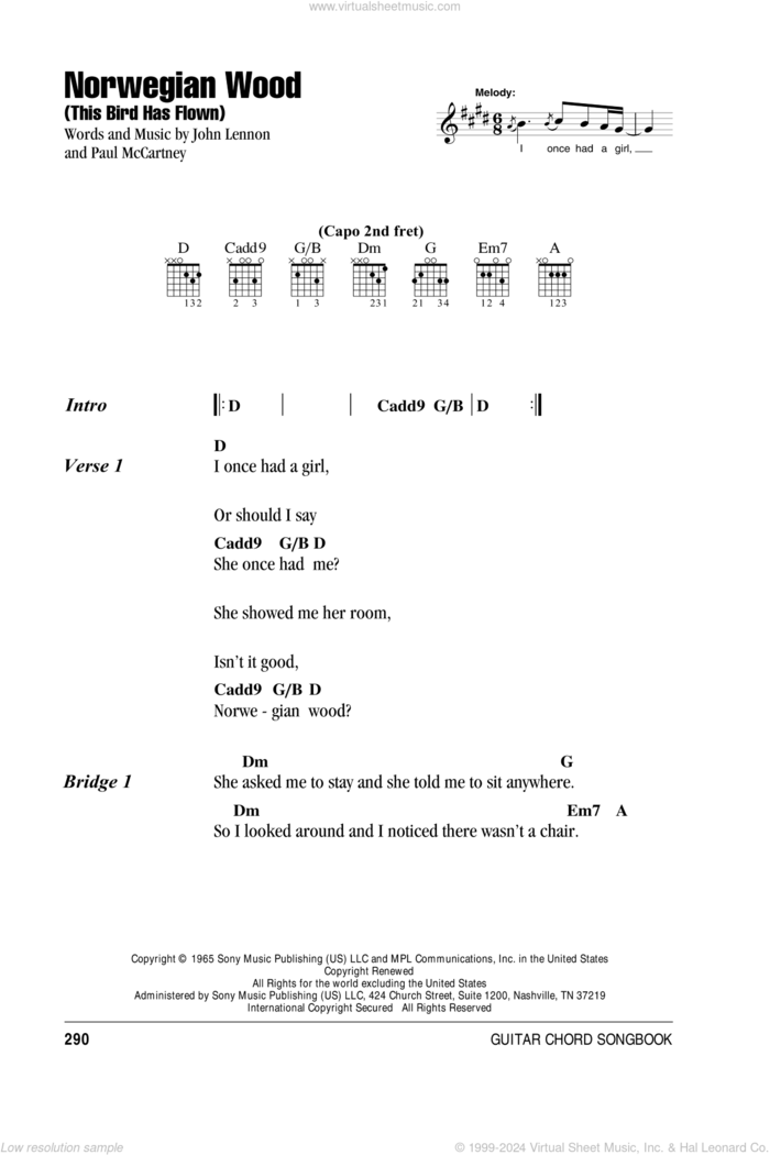 Norwegian Wood (This Bird Has Flown) sheet music for guitar (chords) by The Beatles, John Lennon and Paul McCartney, intermediate skill level