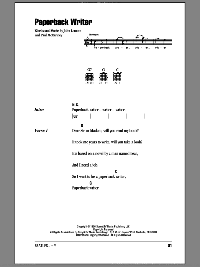 Paperback Writer sheet music for guitar (chords) by The Beatles, John Lennon and Paul McCartney, intermediate skill level
