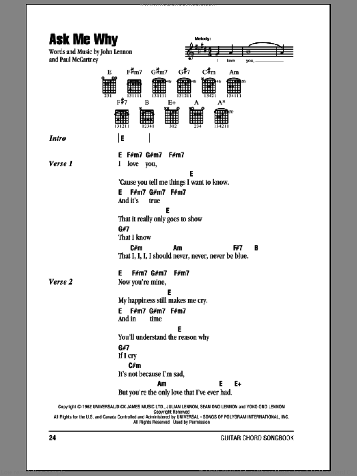 Ask Me Why sheet music for guitar (chords) by The Beatles, John Lennon and Paul McCartney, intermediate skill level